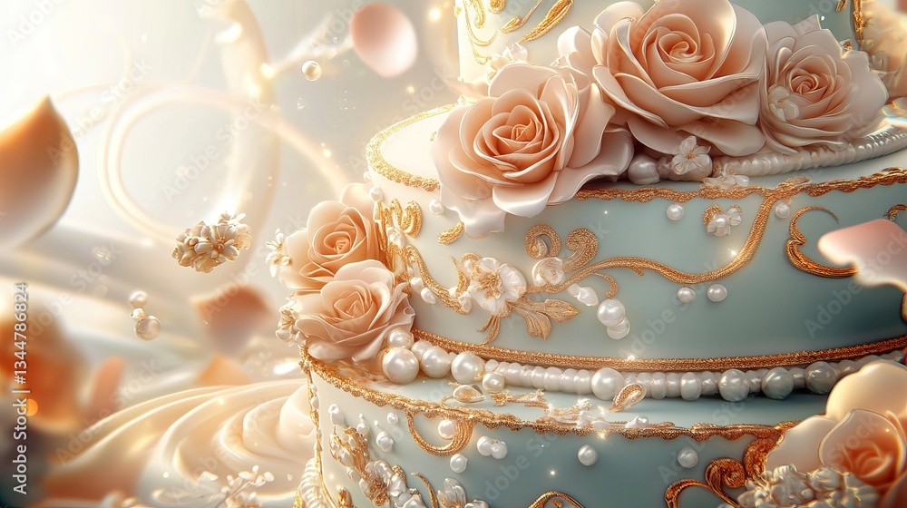 Fototapeta premium A beautifully designed two-tier engagement cake with elegant floral decorations, soft pastel colors, and intricate gold detailing. The cake is adorned with delicate sugar roses, pearls, and a subtle s