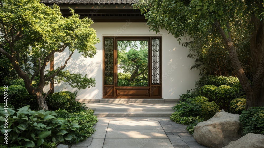 Serene Garden Entrance with Traditional Wooden Door and Lush Greenery Serene Garden Entrance with Traditional Wooden Door and Lush Greenery