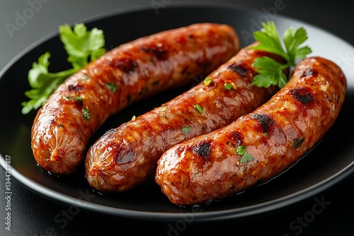 Delicious Grilled Sausages with Parsley Garnish Close Up Food Photography