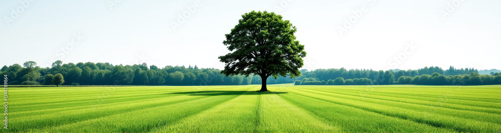 Fototapeta premium solitary deciduous tree stands in a vibrant green field