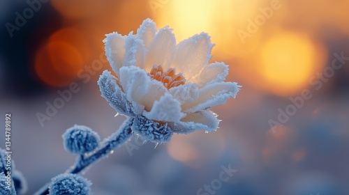Delicate ice-bound flower with a blazing, unfocused background captured in full UHD