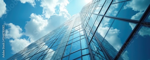 Looking up at glass high-rise office building against sunny blue sky with clouds reflections. Modern architecture skyscraper represents business success, financial growth, tech innovation, with