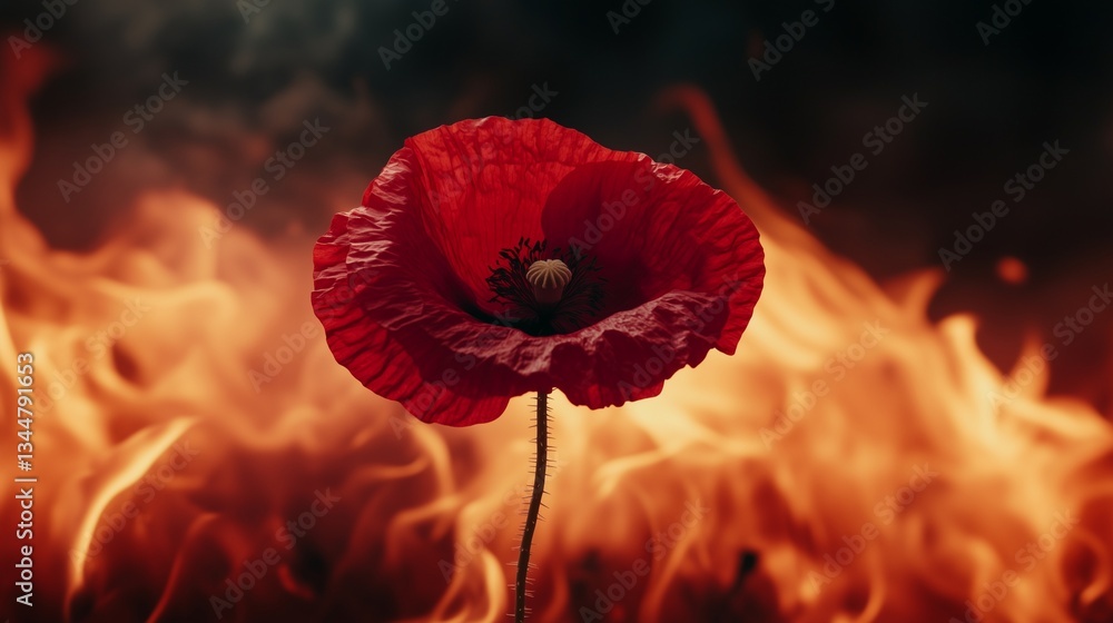 Obraz premium Fiery red poppy blooming boldly against a backdrop of smoky flames, vibrant and striking