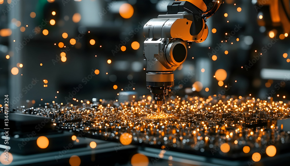 Robotic arm precisely welding small components with luminous sparks effect Robotic arm precisely welding small components with luminous sparks effect