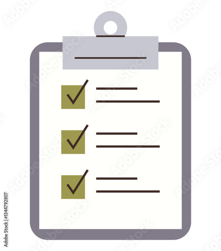 Clipboard holding a checklist with three green checkmarks indicating task completion. Ideal for productivity, organization, planning, task management, to-do lists, workflow, business tools. Flat