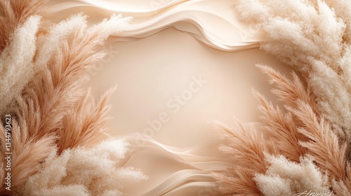 A bohemian-style gender reveal invitation with soft beige, white, and dusty pink pampas grass framing the edges. Delicate golden leaves and a warm cream-colored background create a cozy and elegant de