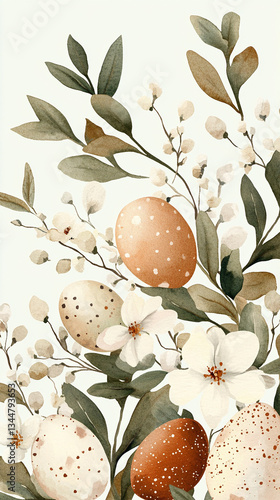 easter eggs and flowers in vintage style drawing against white background