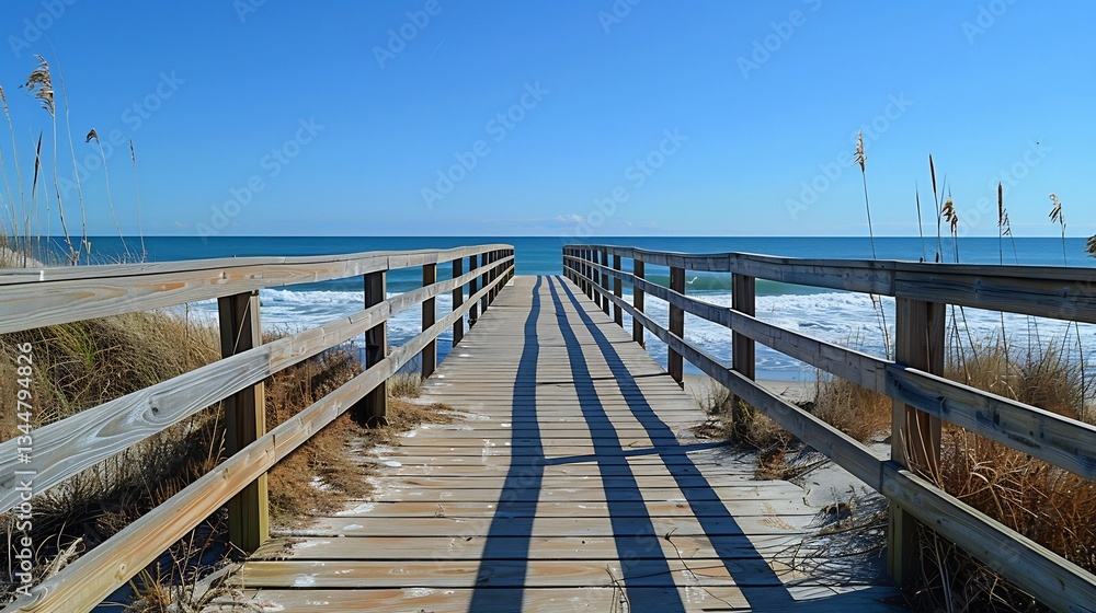 Fototapeta premium Coastal boardwalk jogging with ocean waves in the distance clear blue sky and spacious copy area