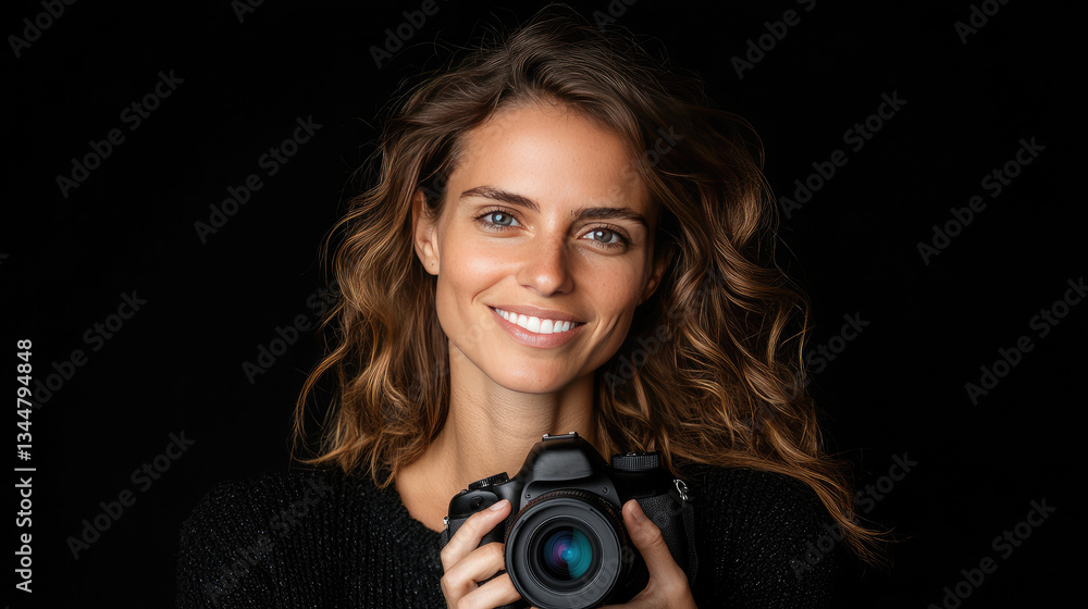 Fototapeta premium Smiling Young Woman with Camera in Studio Setting Against Dark Background