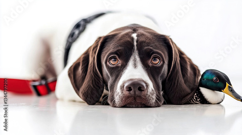 Dog and duck, resting together