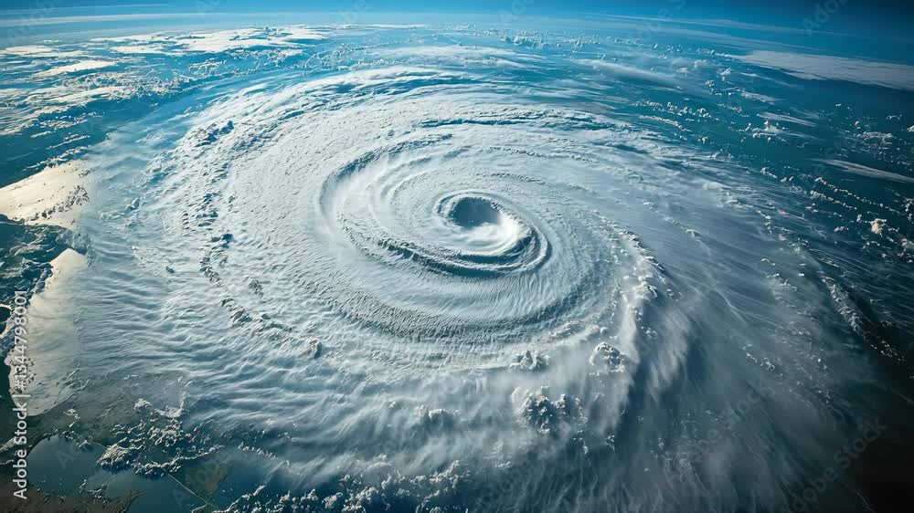 Hurricane eye view from orbiting satellite, powerful tropical storm or ...