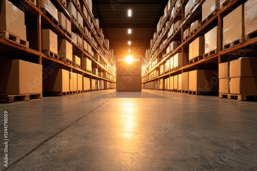 Wallpaper Mural Sunlit Warehouse Aisle with Cardboard Boxes Packed on Tall Shelves in Modern Industrial Storage Facility Torontodigital.ca