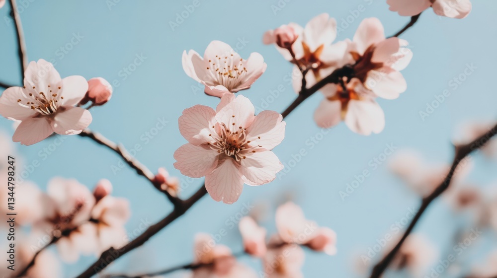 Pink cherry blossoms in serene Japanese garden under blue sky Pink cherry blossoms in serene Japanese garden under blue sky