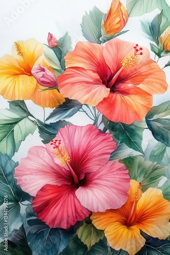 Wallpaper Mural A vibrant arrangement of hibiscus flowers in various colors, showcasing their lush petals and green leaves in a beautiful botanical composition. Torontodigital.ca