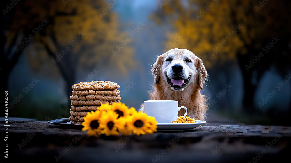 Dog with treats in autumn setting