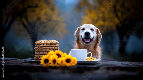 Obraz na płótnie Dog with treats in autumn setting w salonie