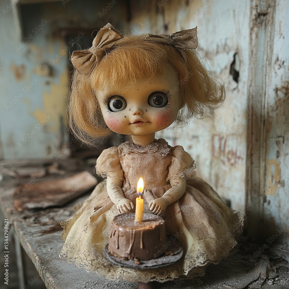 Doll with Birthday Cake in Abandoned Place