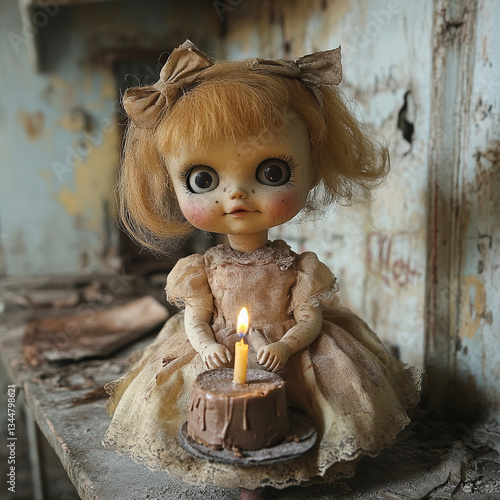 Doll with Birthday Cake in Abandoned Place