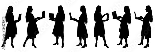 Businesswoman working with laptop in different poses silhouette, set. Vector illustration