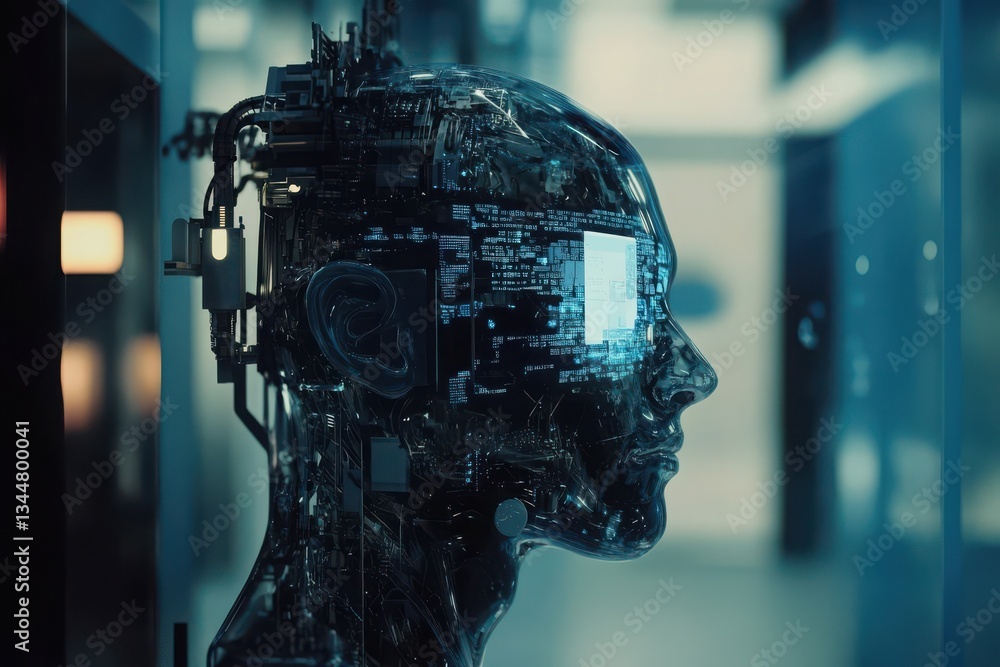 Fototapeta premium A translucent robotic head, its internal circuitry glowing with data, evokes a feeling of futuristic technological advancement with cool blue tones and a blurred background.