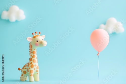 Festive background for a baby birthday party with clouds and toy giraffe