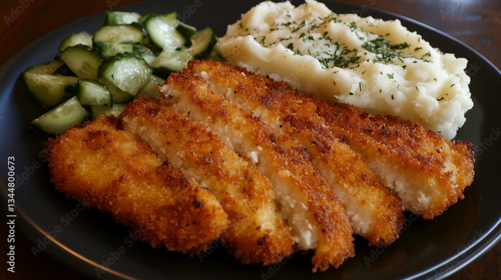 crispy pork schnitzel with vibrant herbs garnish crispy pork schnitzel with vibrant herbs garnish