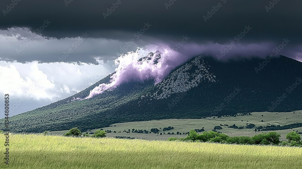Dramatic mountain peak under stormy clouds