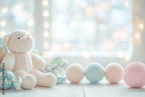 Festive background for a baby birthday party with toy bear and colorful balls