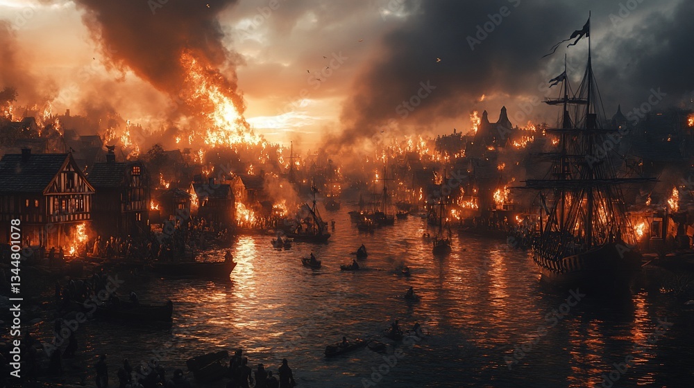 Naklejka premium Fiery Destruction, A Town Engulfed in Flames with Ships Present