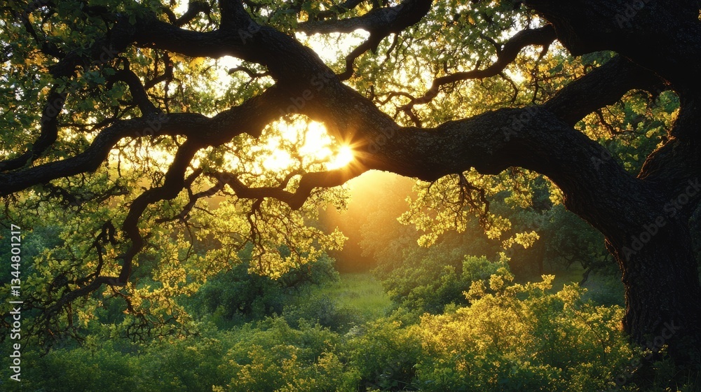 Fototapeta premium Serene forest clearing at dawn symbolizes growth and renewal