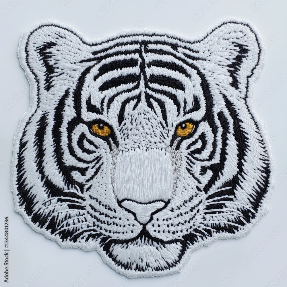 Fototapeta premium White tiger embroidered patch, studio shot, apparel, craft