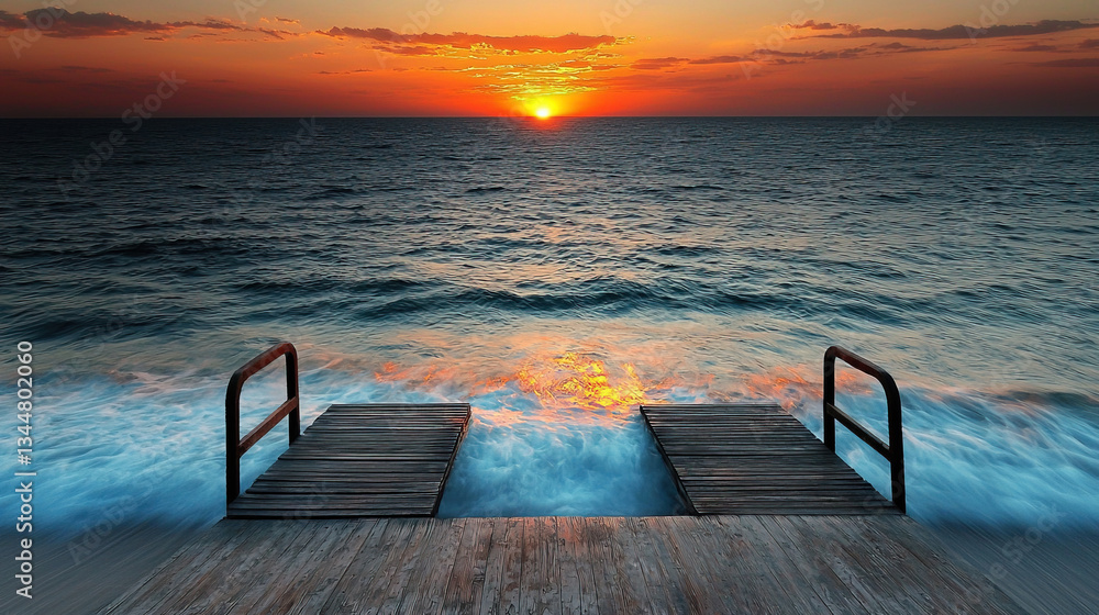 Dramatic sunset over ocean, wooden pier