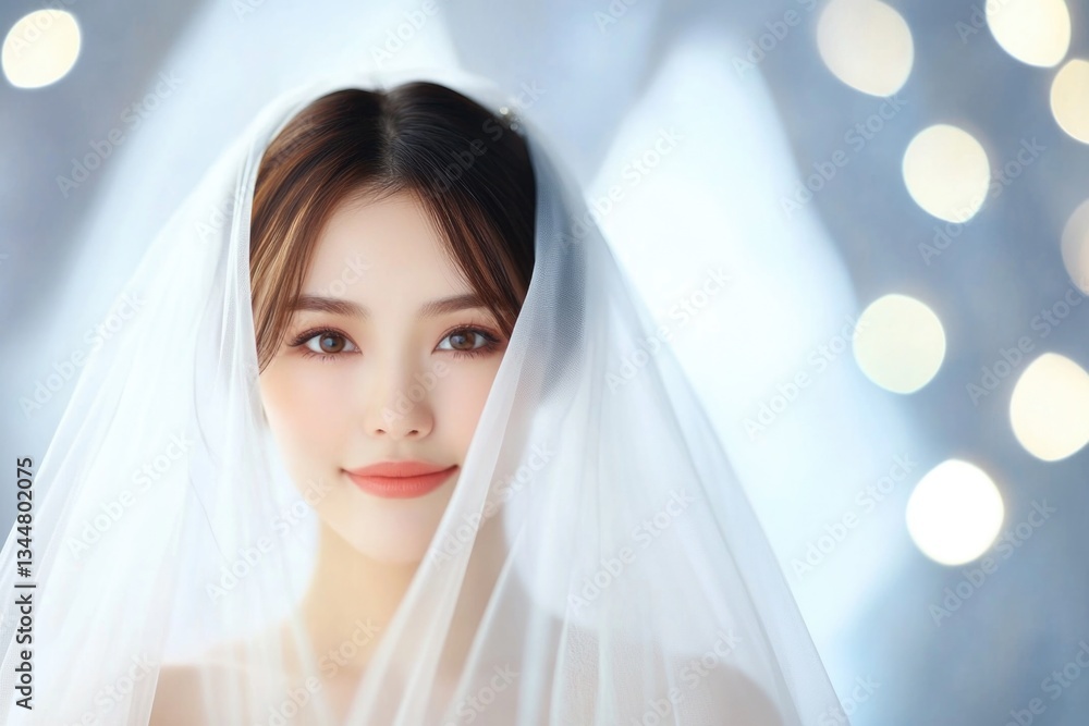 Young asian female bride smiling under veil with soft bokeh background Young asian female bride smiling under veil with soft bokeh background