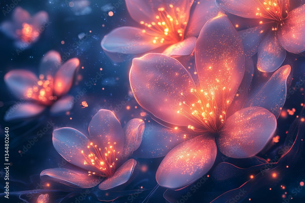 Luminous flowers with glowing centers create a vibrant floral composition Luminous flowers with glowing centers create a vibrant floral composition