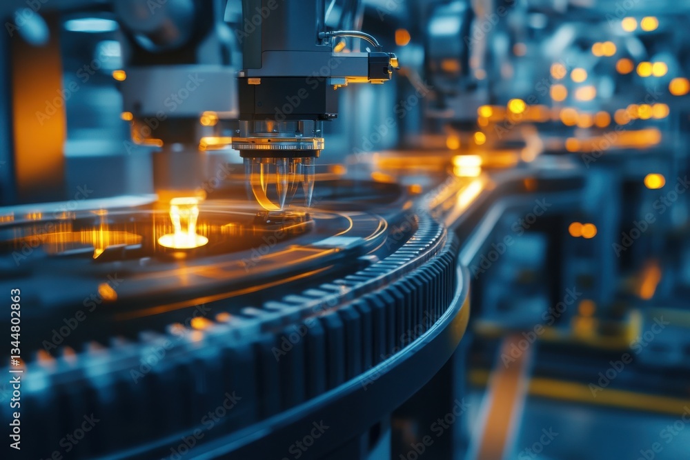 Precision robotic arm delicately crafting glowing components on a high-tech assembly line, illuminated with cool blue and warm orange tones. Precision robotic arm delicately crafting glowing components on a high-tech assembly line, illuminated with cool blue and warm orange tones.