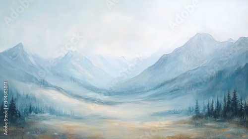 Wallpaper Mural Serene mountain valley bathed in soft, ethereal light, a tranquil landscape painting evoking peace and quietude. Torontodigital.ca