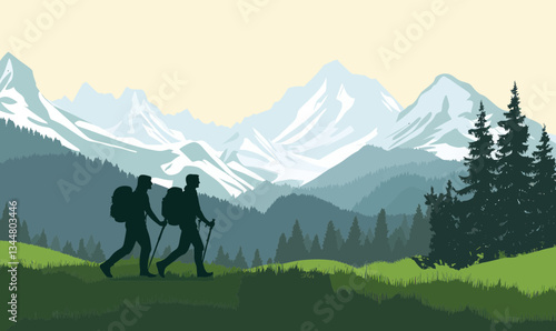 Minimalist Vector of Couple Hiking in Alpine Mountains Scenery for Adventure and Nature Concepts