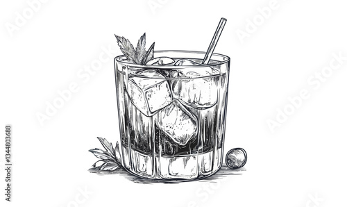 Engraved Old Fashioned Cocktail Drink Minimalist Black and White Vector Illustration