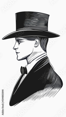 Elegant Gentleman in Top Hat Black and White Minimalist Vector Engraving
