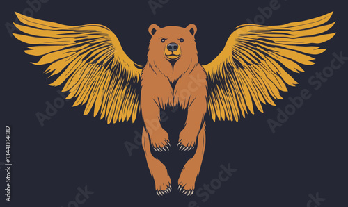 Grizzly Bear with Golden Wings Minimalist Flat Vector Illustration for Fantasy Concepts