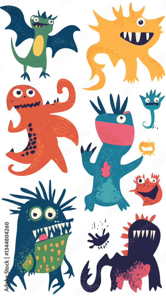 Obraz premium Colorful Monster Characters Set in Flat Minimalist Vector Style for Creative Design