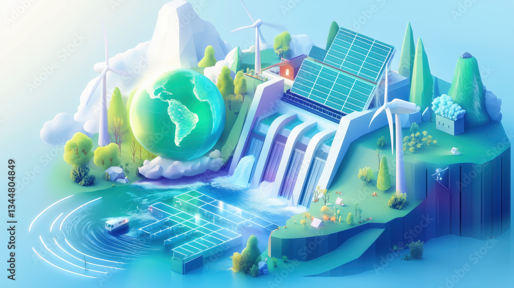 Graphic Concept of Renewable Energy Solar Panels, Wind Turbines, Glowing Earth, and Hydroelectric Dams Surrounded by Lush Greenery, Dominated by Green, Blue, and White on a Soft Sky Blue Background Graphic Concept of Renewable Energy Solar Panels, Wind Turbines, Glowing Earth, and Hydroelectric Dams Surrounded by Lush Greenery, Dominated by Green, Blue, and White on a Soft Sky Blue Background