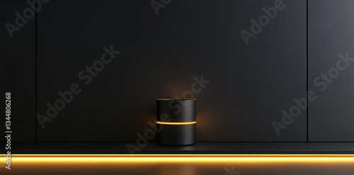 A modern minimalist scene featuring a cylindrical black lamp with light