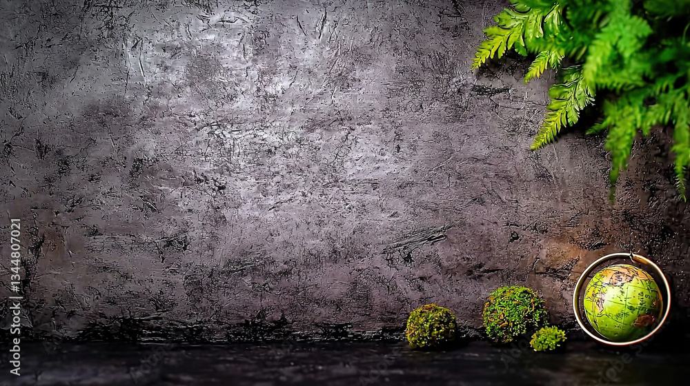 Earth globe and fern on dark background