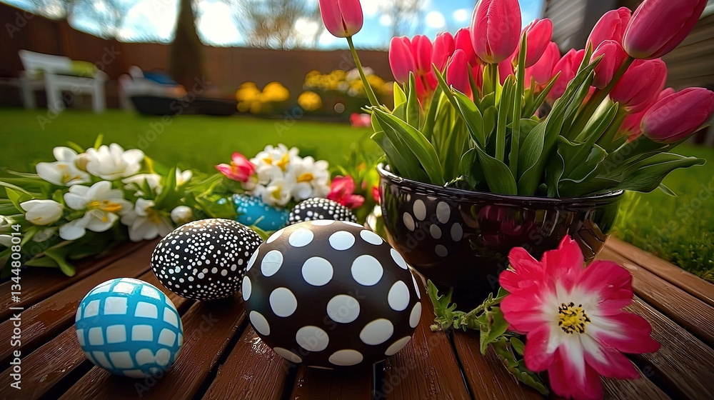 Easter eggs and flowers in a garden