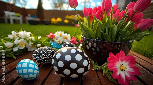 Obraz na płótnie Easter eggs and flowers in a garden w salonie