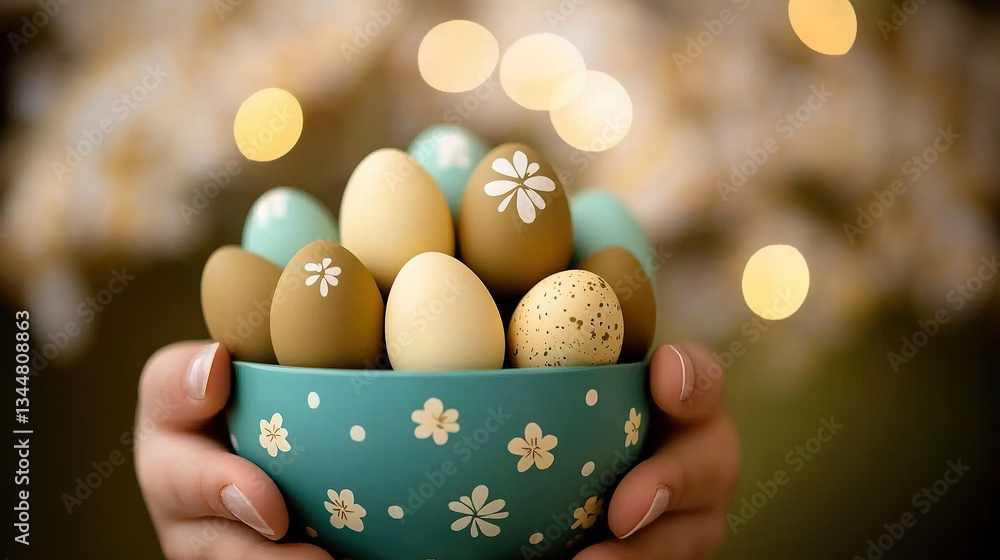 Easter eggs in teal bowl