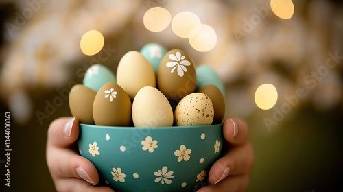 Obraz na płótnie Easter eggs in teal bowl w salonie