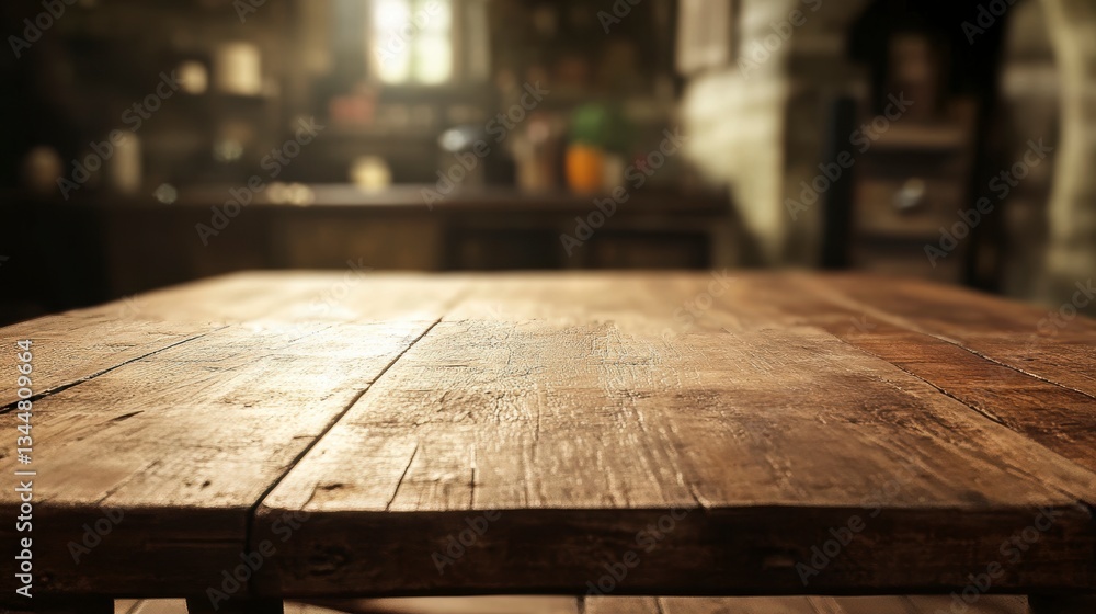 Wooden table in a rustic kitchen, empty surface, background bokeh. Possible use product display, food photography, restaurant advertising Wooden table in a rustic kitchen, empty surface, background bokeh. Possible use product display, food photography, restaurant advertising
