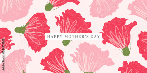 Mother's Day greeting card design with a pattern of bright red and pink hand-drawn carnation flowers. Floral, festive template for Mother's Day card, invitation or other promotional materials. Vector